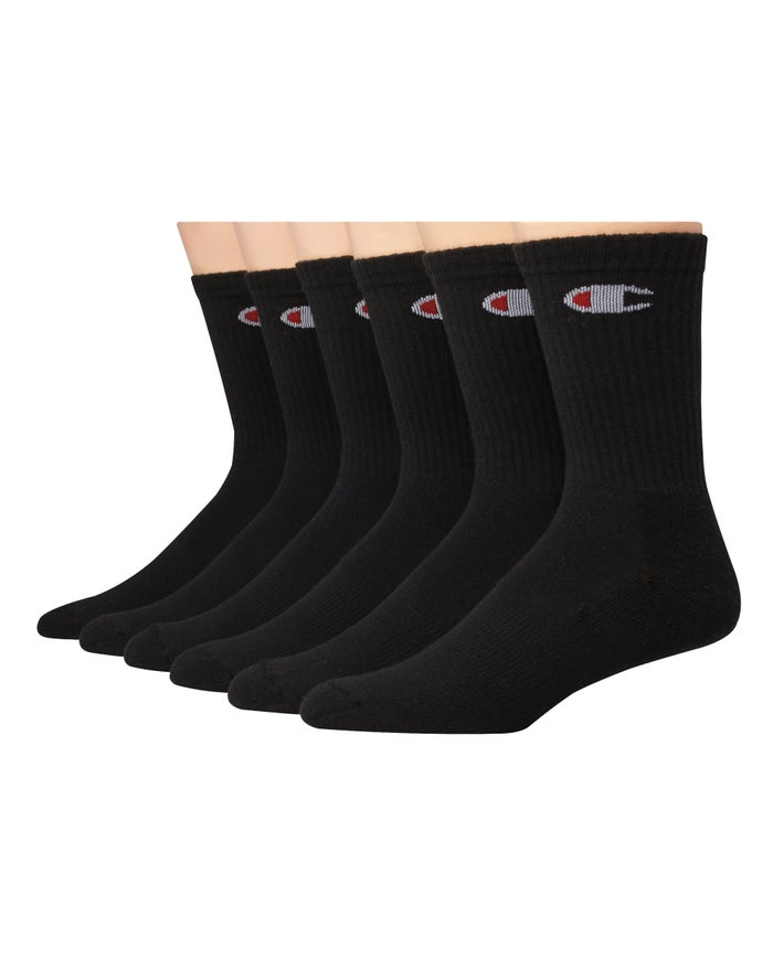 Champion Mens Socks NZ - Crew 6-Pairs Black ( 0657-GPDNQ )